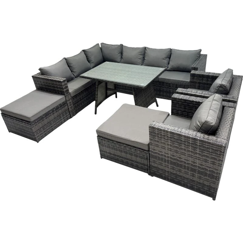 Image of Fimous 10-seater Outdoor PE Rattan Sofa Set with with 2 Chair 2 Big Stools in Dark Grey Dark Grey Unisex