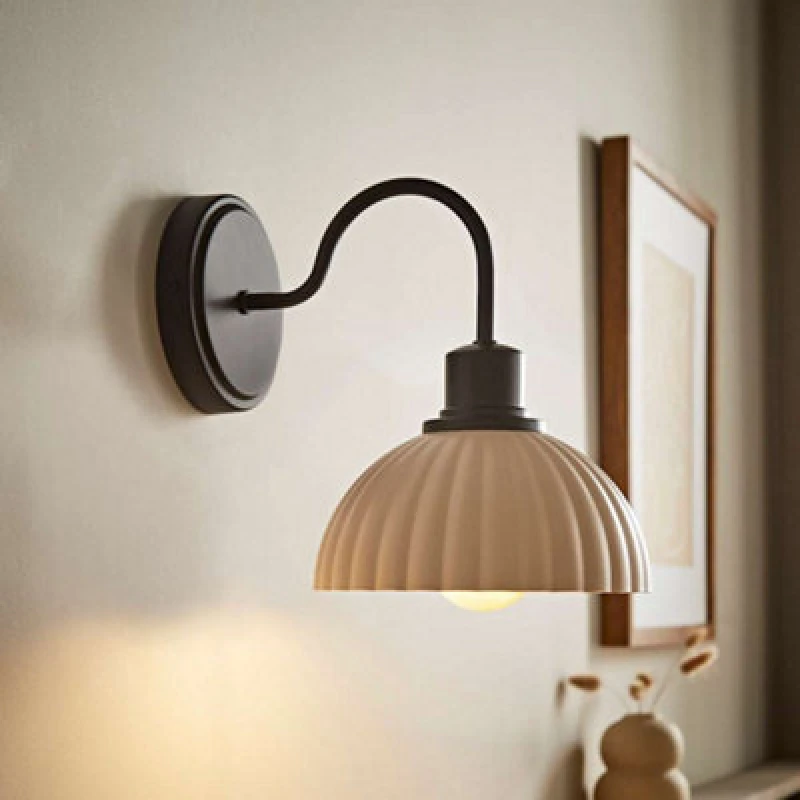 Image of Valuelights Bourton Matte Black Wall Light With Ribbed Dome Shade