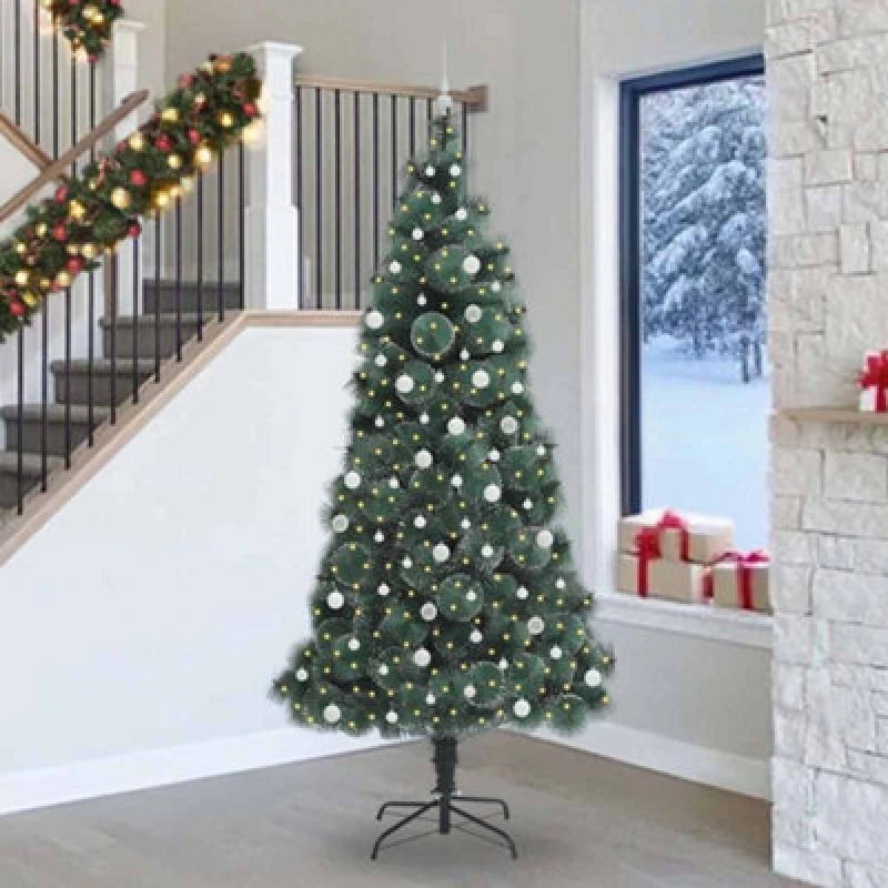 Image of vidaXL Artificial Pre-lit Christmas Tree with White Ball Set Green 240 cm, Green 3396193