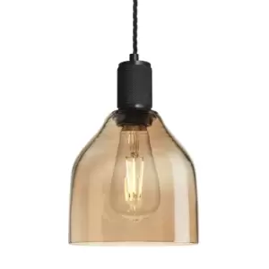 image of Industville Knurled Tinted Glass Cone Pendant Light in Amber with Black Holder