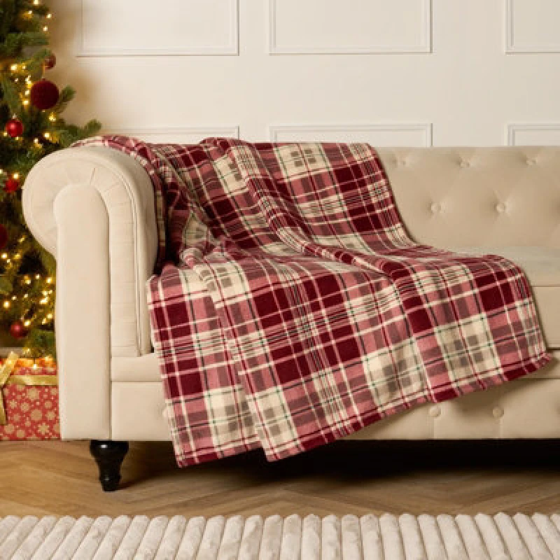 Image of OHS OHS Tartan Check Throw Over Bed Blanket Sherpa Fleece Warm Soft Plush Cosy Sofa Xmas in Red Red One Size Unisex 5027434192069
