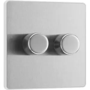 Image of BG Evolve Brushed Steel (White Ins) Trailing Edge LED 200W Double Dimmer Switch, 2-Way Push On/Off in Silver