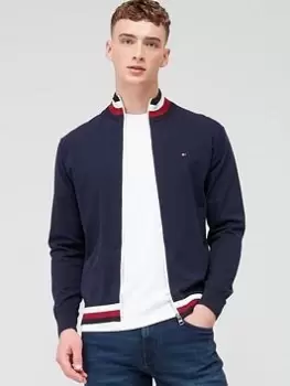Image of Tommy Hilfiger Global Stripe Detail Zip Through Cardigan - Navy, Blue, Size L, Men