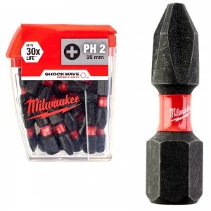 image of Milwaukee Shockwave Impact Phillips Screwdriver Bit PH2 25mm Pack of 25