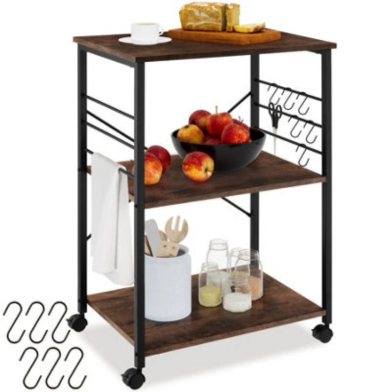 Image of Tectake Drinks Trolley Rugby - 3 Shelves, 4 Castors With Parking Brake - Industrial Wood Dark, Rustic