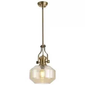 image of Luminosa Luiz Single Ceiling Pendant, E27, Round Champfered Glass, Antique Brass, Cognac