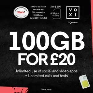 image of VOXI 100GB 30 Day Pay As You Go SIM Card - £20 included