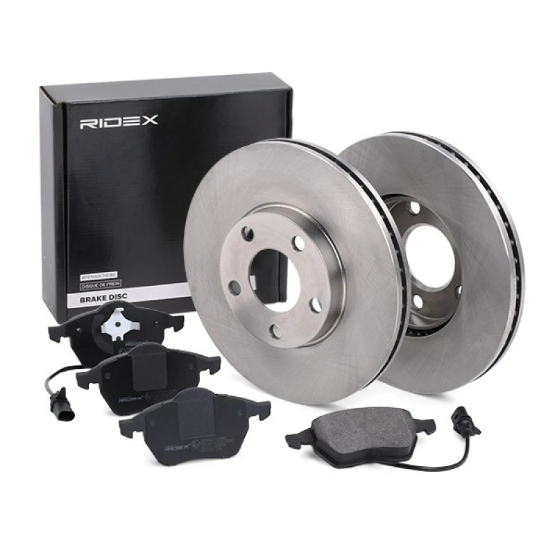 Image of RIDEX 3405B0041 Brake disc and pads set Front Axle, Brake Disc Type: Vented, incl. wear warning contact, with anti-squeak plate Brake Set,disc brakes