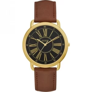 GUESS Ladies gold watch with Black dial and brown leather strap.