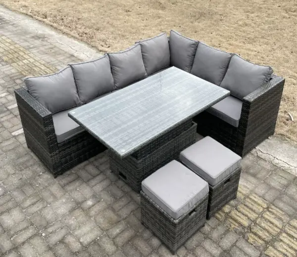 Image of Fimous 6 Seater Outdoor Dark Grey Rattan Lounge Complete Sofa Set Right Side with Adjustable Dining Table and 2 Stools