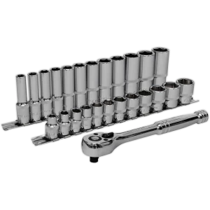 image of Sealey 25 Piece 3/8" Drive Ratchet Wrench and Socket Rail Set 3/8"