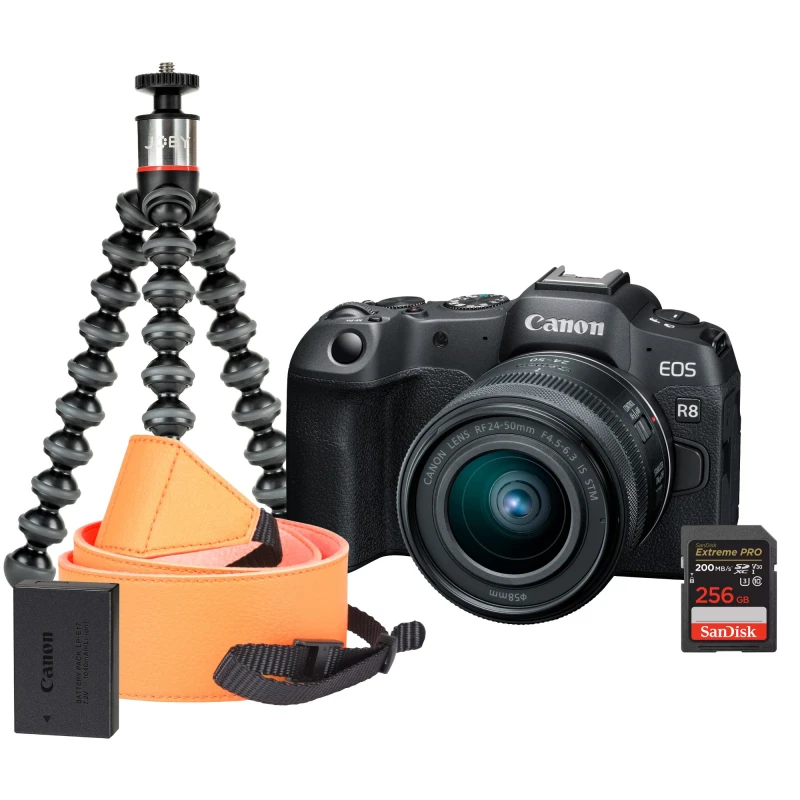 Image of Canon EOS R8 Camera Kit inc RF-S 24-50mm Lens. SanDisk 256GB SD. Neck