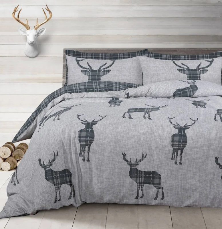 Image of Velosso Stag Reversible Cotton Rich Printed Duvet Cover & Pillowcase Set in Grey Size: King Grey Unisex King