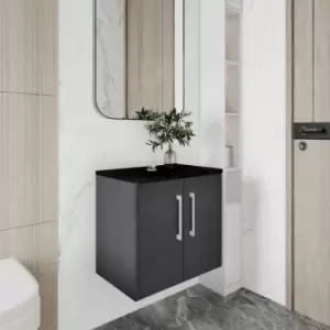 image of Hudson Reed Juno Wall Hung 2-Door Vanity Unit with Sparkling Black Worktop 600mm Wide - Graphite Grey