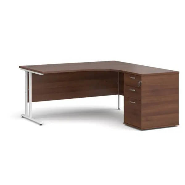 image of Office Desk Right Hand Corner Desk 1600mm With Pedestal Walnut Top With White Frame Maestro 25