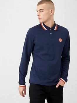 Image of Pretty Green Long Sleeved Tipped Collar Polo Shirt - Navy, Size 2XL, Men