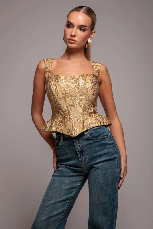 Image of Goddiva Womens Sleeveless Jacquard Lace Up Back Corset in Gold Size: 8 Gold Female 8