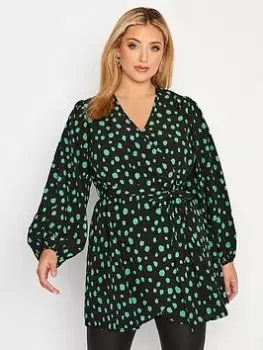 Image of Yours Balloon Sleeve Wrap Top Green Black, Green, Size 22, Women