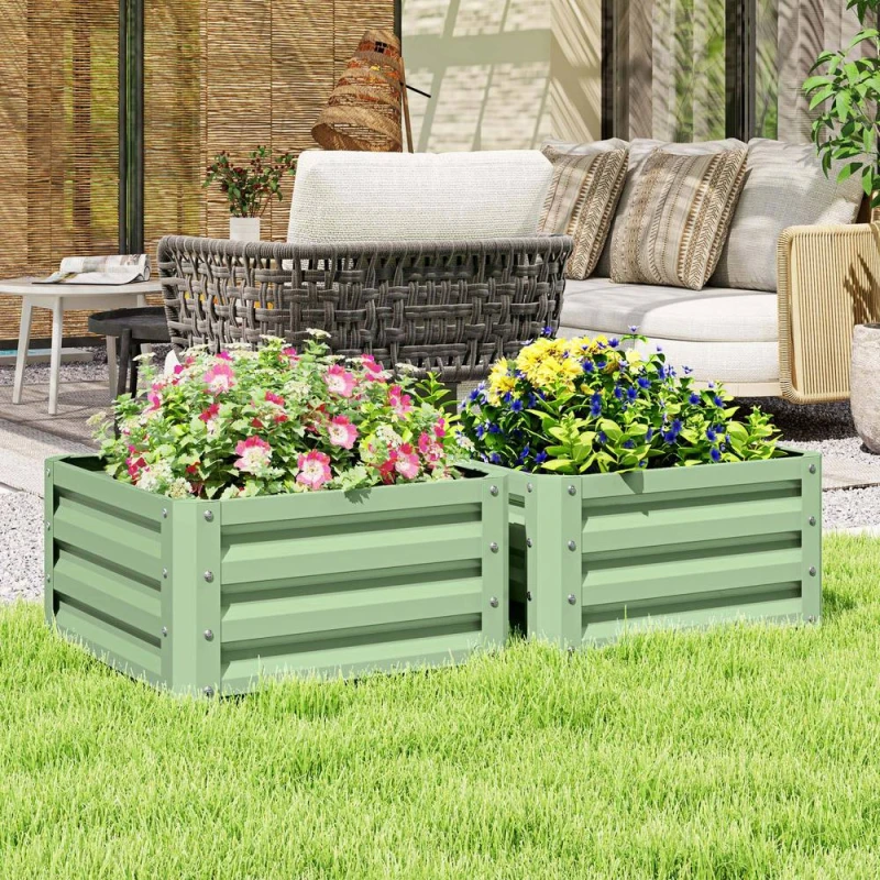 Image of Outsunny Set of 2 Raised Garden Bed Galvanised Planter Box, Light Green 845-041V01YG