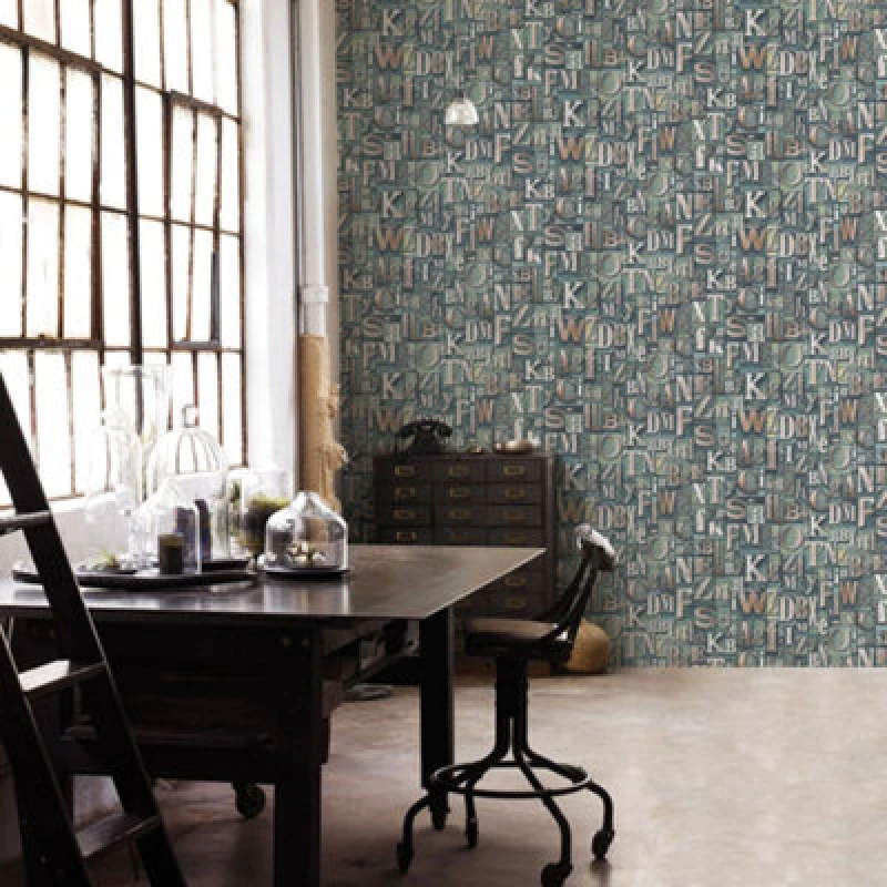 Image of Galerie Nostalgie Green Block Letters Smooth Wallpaper