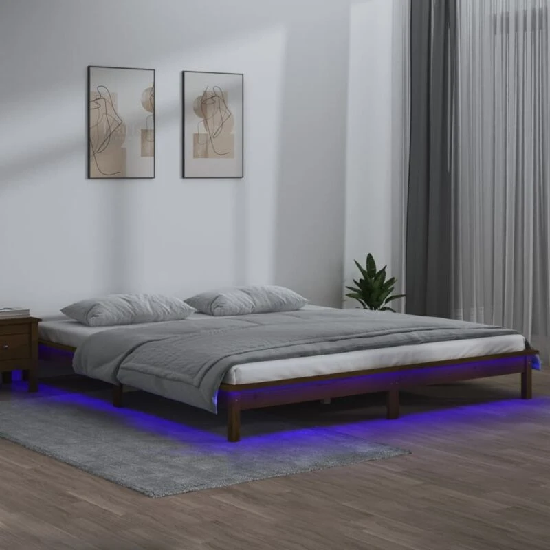 Image of vidaXL LED Bed Frame Honey Brown 140x200cm Solid Wood, Brown 820609