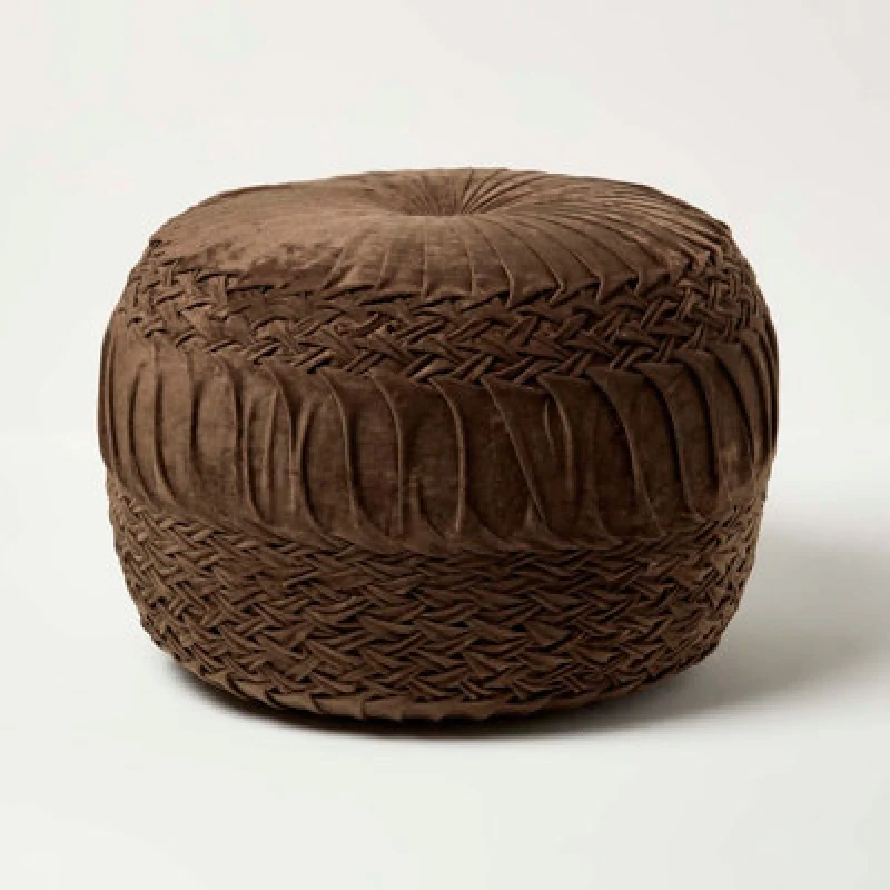 Image of Homescapes Sofia Pleated Velvet Pouffe Brown