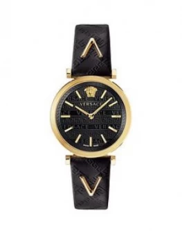 image of Versace V-Twist Black And Gold Detail Dial Black Leather Strap Ladies Watch