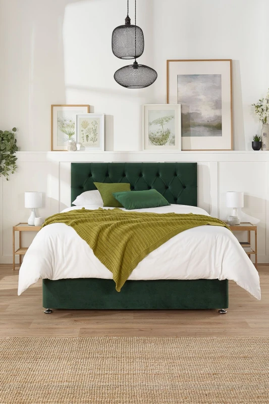 Image of Aspire Aspire Olivier Divan, Plush Fabric, Strutted Headboard, 2 Drawers Emerald