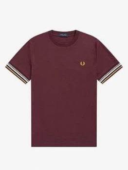 image of Fred Perry Striped Cuff T-Shirt, Mahogany, Size S, Men