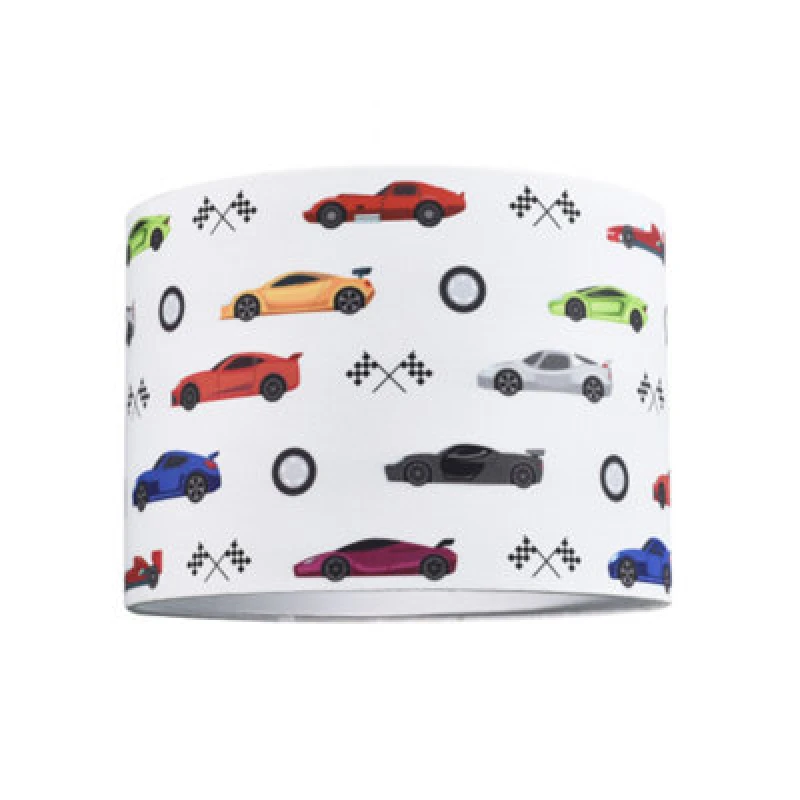 Image of Happy Homewares Modern And Colourful Racing Cars Kids Cotton Fabric Round Drum Lamp Shade - 25Cm