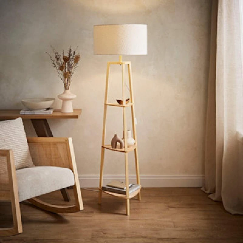 Image of ValueLights Hiru Natural Wooden 3 Tier Shelf Floor Lamp Light with Boucle Shade Cream