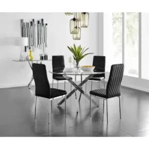 Image of Furniturebox UK - Furniturebox Novara 120cm Round Dining Table and 4 Black Milan Velvet Dining Chairs Diamond Stitch Modern Contemporary Chrome Metal
