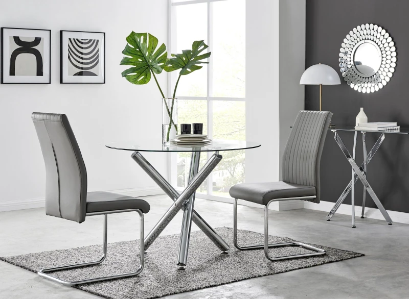 Image of FurnitureboxUK FurnitureboxUK Selina Round Glass And Chrome Metal Dining Table And Lorenzo Chairs Set in Grey Size: 2 Person Grey 2 Person Unisex 50