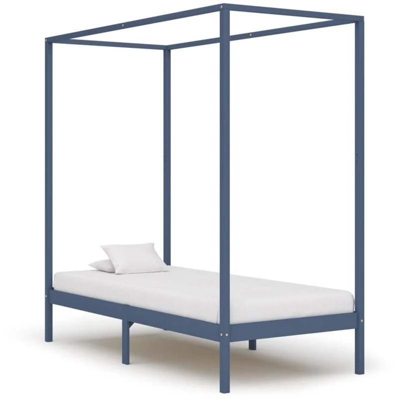 Image of vidaXL Solid Pine Wood Canopy Bed Frame Grey 90x200cm Single Beds Furniture