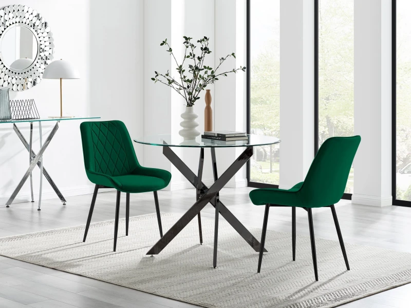 Image of FurnitureboxUK FurnitureboxUK Novara 100cm Round Black Leg Dining Table & 2 Pesaro Black Leg Chairs in Green Green One Size Unisex 5056784304518