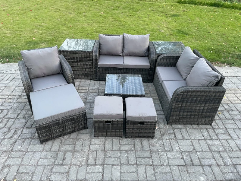 Image of Fimous PE Rattan Garden Furniture Sets Outdoor Love Sofa Chair Set Square Coffee Table 2 Side Tables 3 Footstools Dark Grey