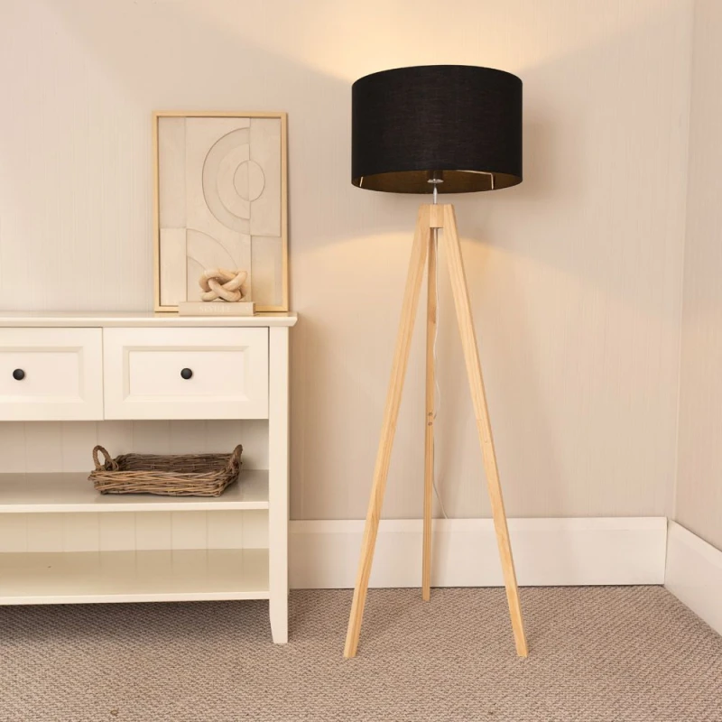 Image of ValueLights Jackson Natural Wood Tripod Floor Lamp with Fabric Lamp Shade Black