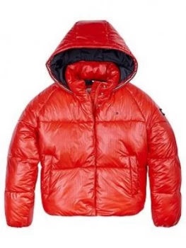 image of Tommy Hilfiger Girls Metallic Padded Hooded Jacket - Red