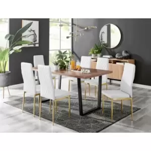 Image of Kylo Brown Wood Effect Dining Table & 6 White Milan Gold Leg Chairs - White