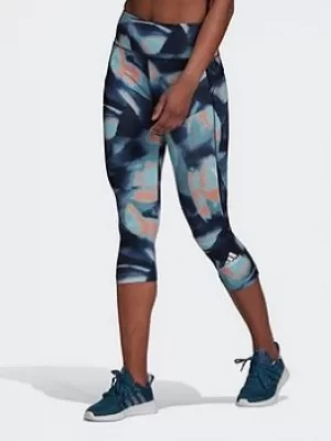 Image of adidas Feelbrilliant Aeroready You For You 3/4 Printed Sport Leggings, Blue/Black Size M Women