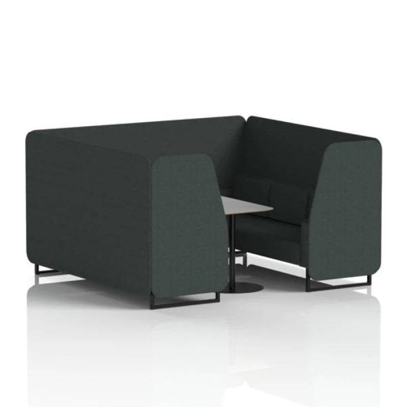 Image of Brixworth 6 Seater Office Booth with Front Panel - Black Legs and Grey Table with Black Leg in Rivet Fabric - Charcoal Panels and Sofa