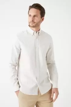 Image of Mens Ecru And Stone Long Sleeve Stripe Oxford Shirt