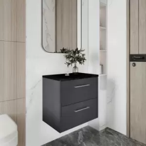 Hudson Reed Juno Wall Hung 2-Drawer Vanity Unit with Sparkling Black Worktop 600mm Wide - Graphite Grey