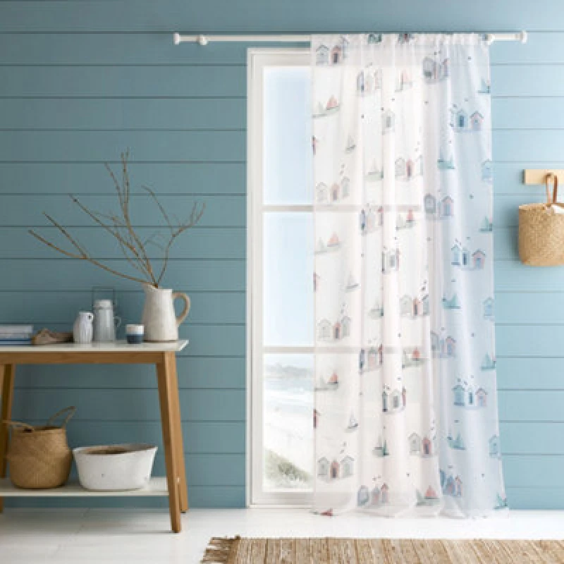 Image of Fusion Beach Huts Coastal Themed Blue Voile Panel