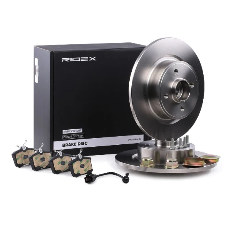 Image of RIDEX 3405B0090 Brake disc and pads set Rear Axle, Brake Disc Type: Solid, with ABS sensor ring Brake Set,disc brakes (3405)