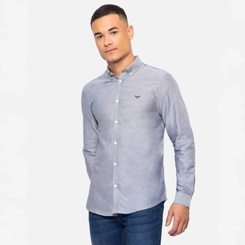 Image of Threadbare Threadbare Men Oxford Cotton 'Beacon' Long Sleeve Shirt in Blue Size: Medium Blue M Male 7625914892652