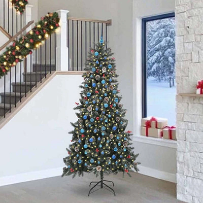 Image of vidaXL Artificial Christmas Tree with Blue Balls Green 129.5 x 129.5 x 240 cm, Green 3395911