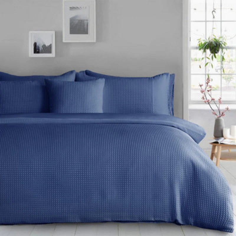 Image of Velosso Waffle Weave Duvet Cover Set With Pillowcases, Button Enclosure Textured Duvet, Easy-Care Quilt Cover - Navy