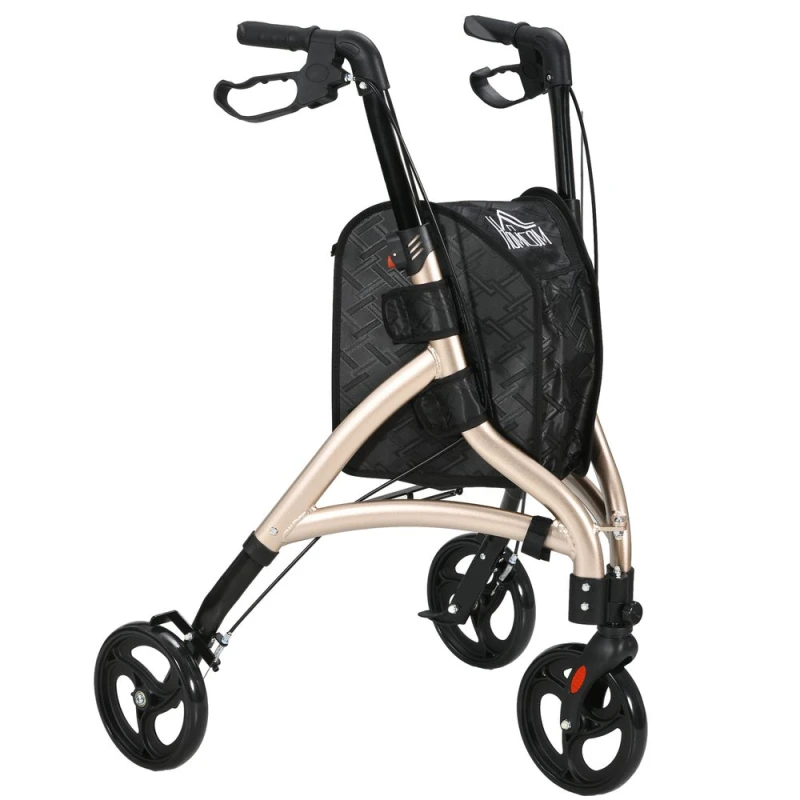 Image of HOMCOM Folding 3 Wheel Rollator Aluminium Tri Walker Adjustable Handle Bag Gold