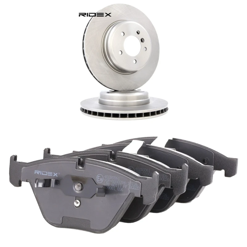 Image of RIDEX 3405B2503 Brake disc and pads set Front Axle, Brake Disc Type: internally vented, prepared for wear warning indicator Brake Set,disc brakes (34
